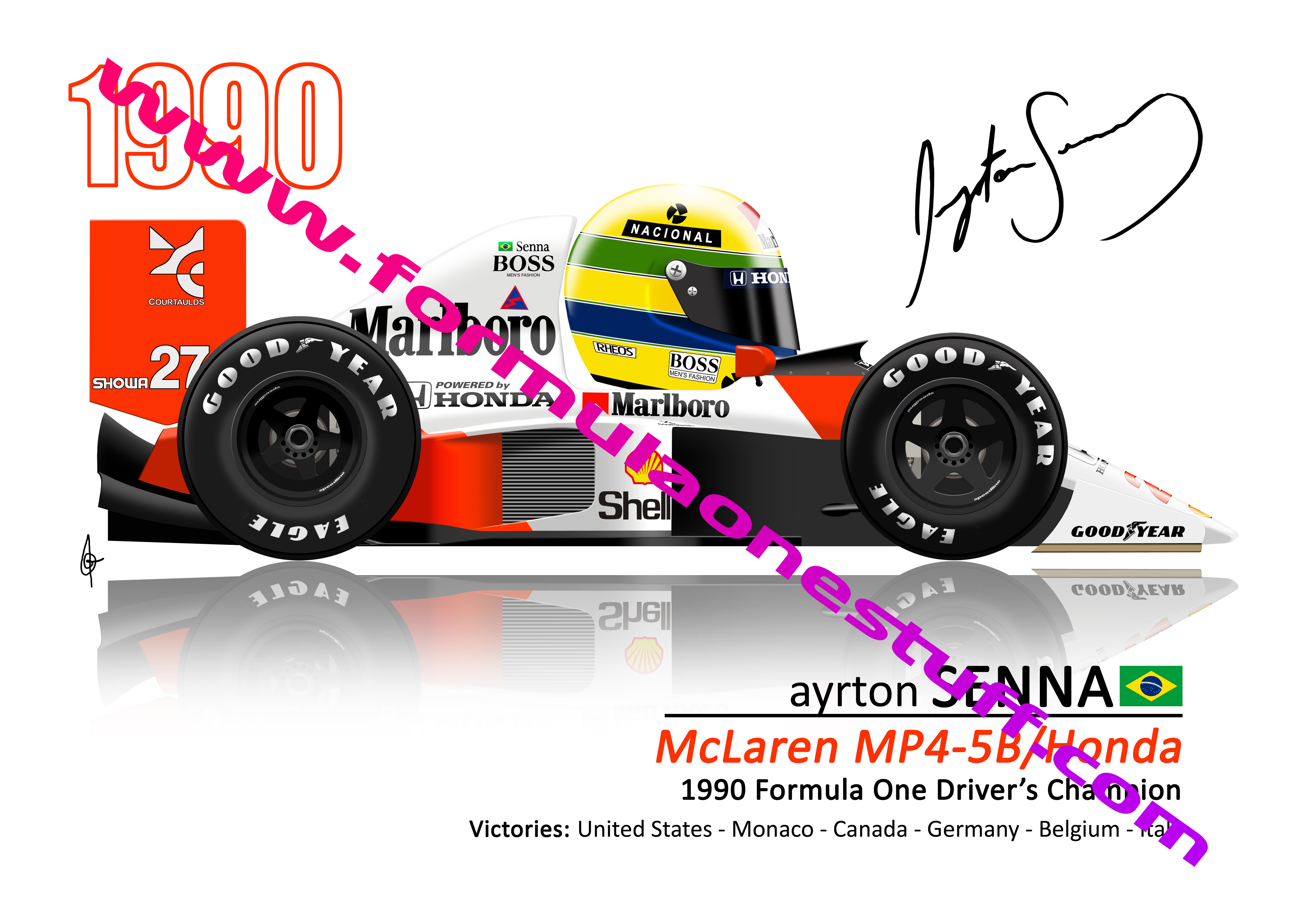 Signed TOONZ McLaren Ayrton Senna 1990 F1 driver cartoon poster – limited edition A3 satin print